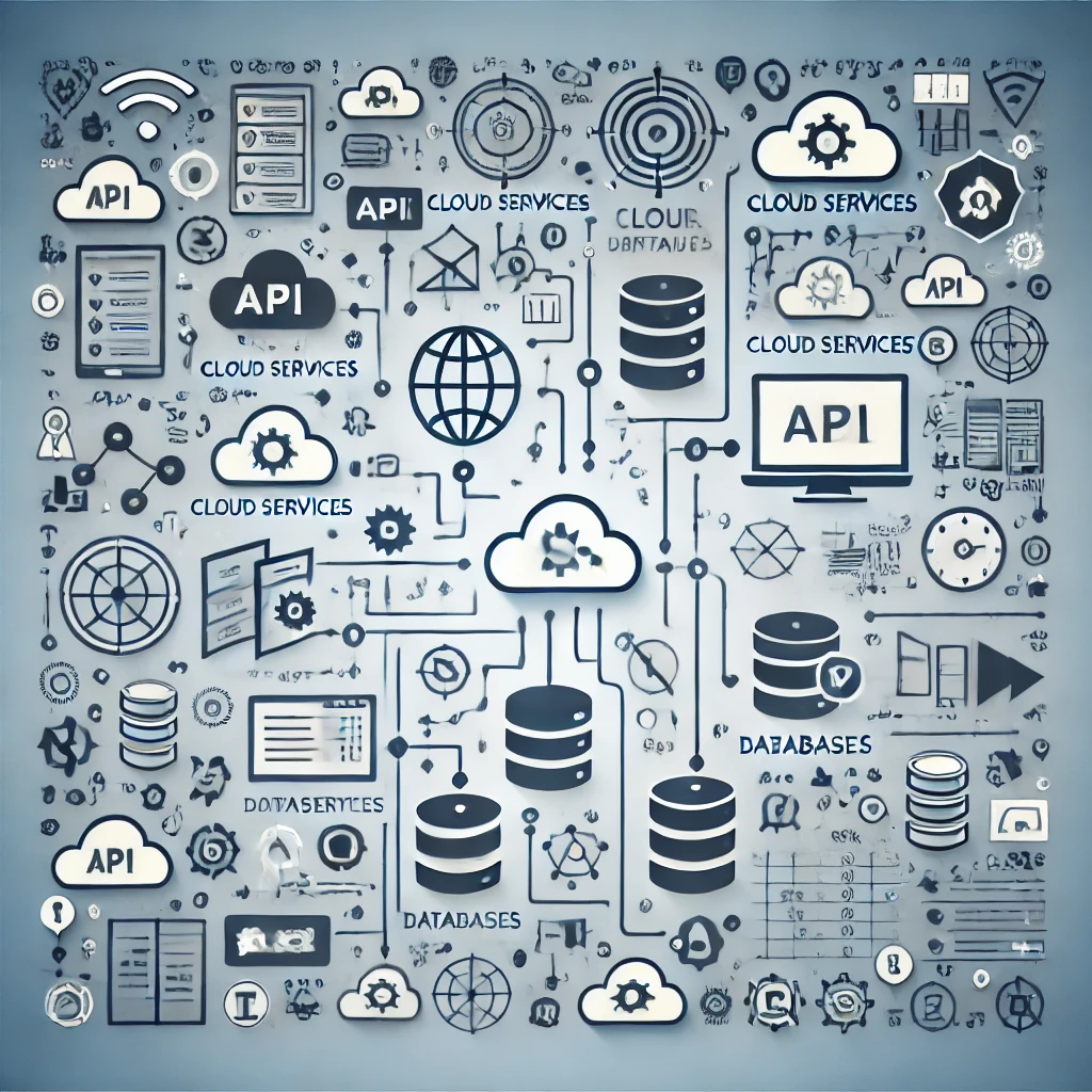 Gráfica que representa la integración de software y sistemas, mostrando dispositivos y aplicaciones de software interconectados, intercambiando datos de manera fluida.